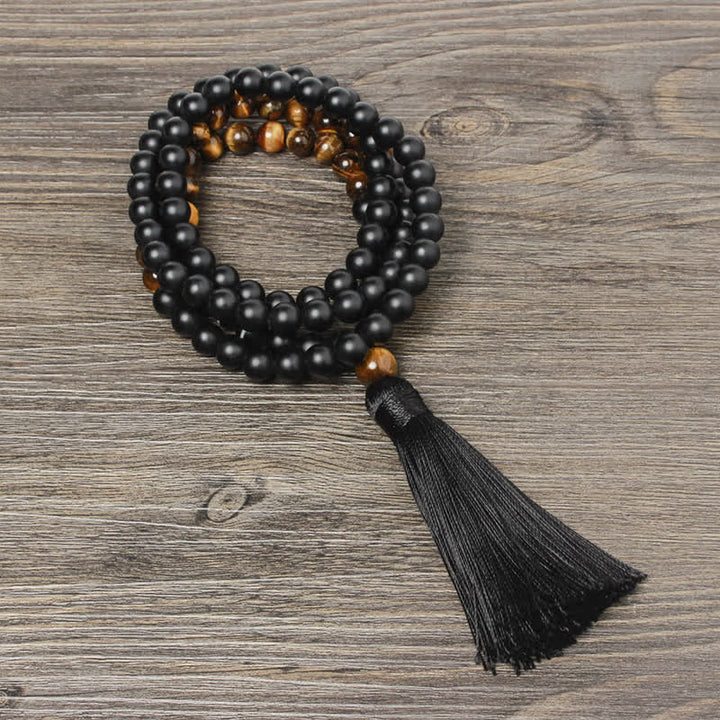 Buddha Stones Ónix negro Ojo de tigre Pulsera de la fortuna Collar con borlas Colgante