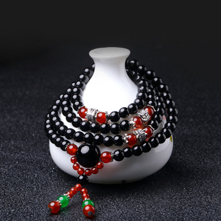 Pulsera Mala de ojo de tigre de obsidiana negra natural con 108 Buddha Stones