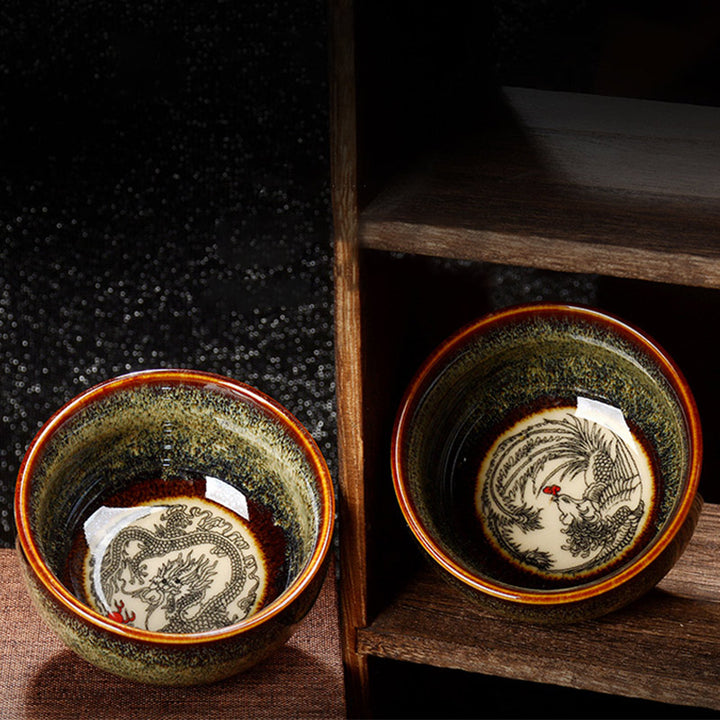 Buddha Stones, loto, dragón, Fénix, pez Koi, taza de té de cerámica china Jianzhan, taza de té de Kung Fu, 110ml