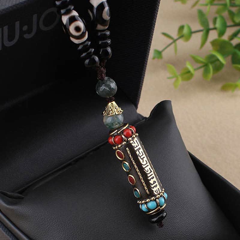 Buddha Stones tibetano Om Mani Padme Hum Dzi cuentas wengué collar de madera colgante - image 9