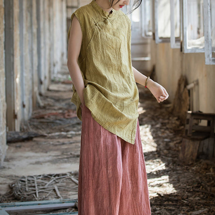 Camiseta sin mangas con botones de rana de lino y ramio teñida anudada hecha a mano con Buddha Stones