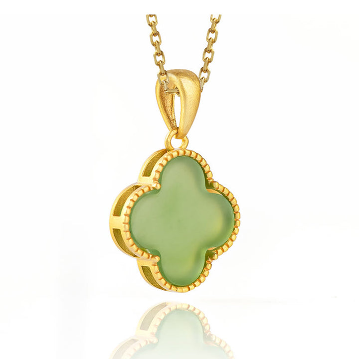 Collar con colgante de trébol de cuatro hojas de la suerte de jade hetiano natural de plata de ley 925 con Buddha Stones