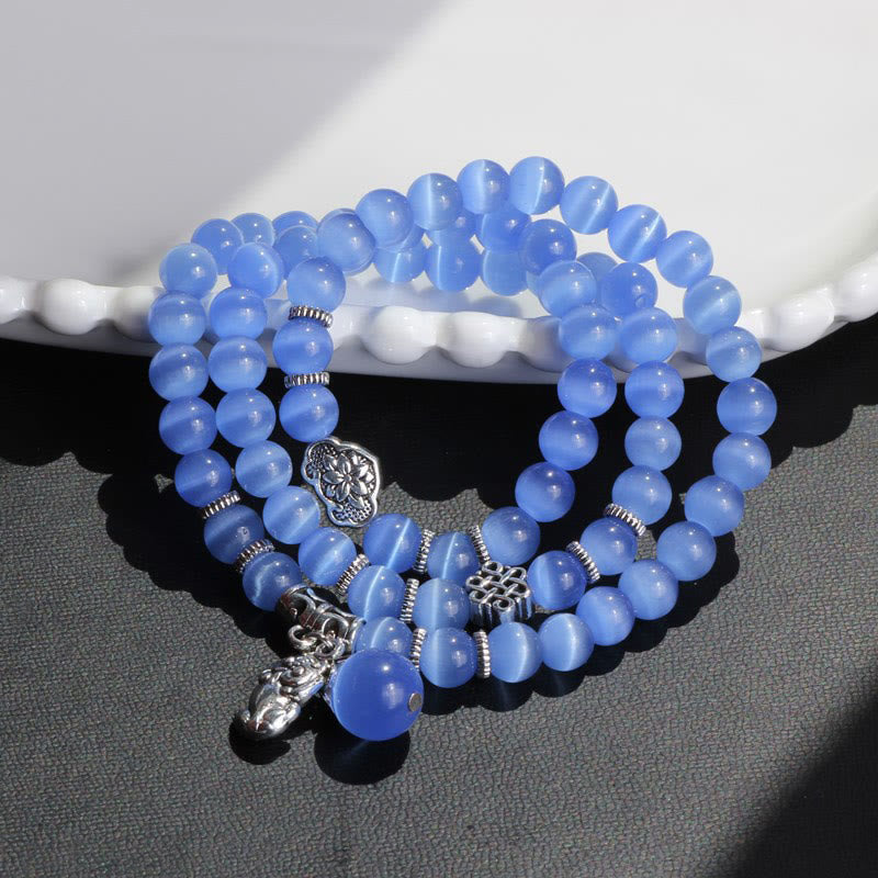 Pulsera de triple vuelta con soporte PiXiu de ojo de gato y Buddha Stones