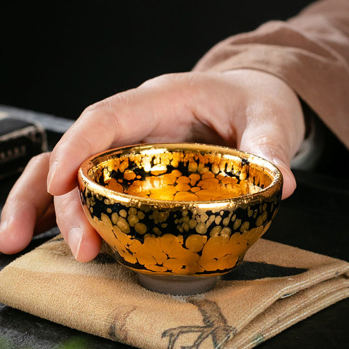Taza de té de cerámica Jianzhan chino con diseño de manchas de oro de 24K, Buddha Stones , tazón de taza de té de Kung Fu con caja de regalo