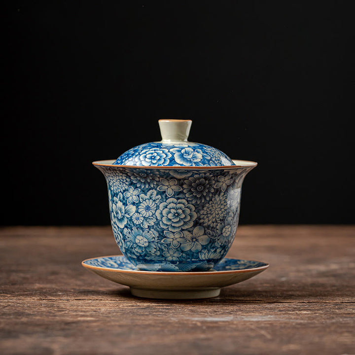 Buddha Stones azul y blanca vintage Flor de durazno Loto Peonía Cerámica Gaiwan Sancai Taza de té Kung Fu Taza de té y platillo con tapa - 9 cm x 9,7 cm x 150 ml (platillo de 11 cm) - image 14