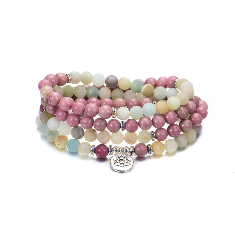 Buddha Stones Lazurita Jaspe Picasso Amazonita Rodonita Apatita Pulsera de cuentas de oración de loto positivo