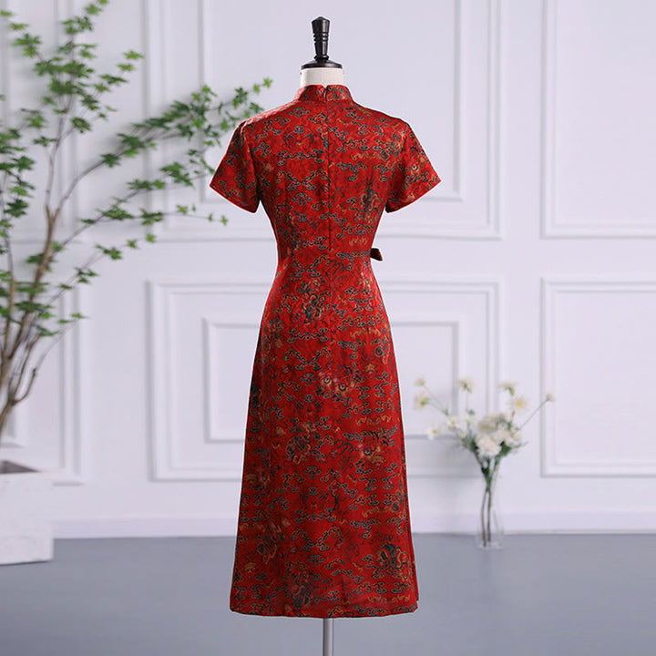 Vestido Cheongsam con estampado de hojas y nubes propicias vintage de Buddha Stones vestido Qipao para mujer