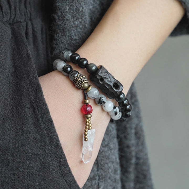 Pulsera de pareja de éxito de cristal blanco de madera de ébano de cuarzo rutilado negro