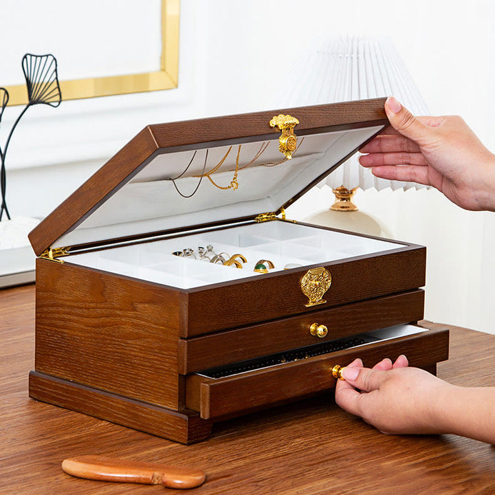 Caja de joyería de madera retro con Buddha Stones, caja de almacenamiento de joyas de tres capas