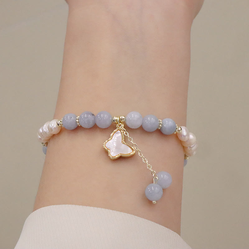 Pulsera con dije de mariposa y hoja de Ginkgo curativa con perlas de aguamarina naturales y Buddha Stones