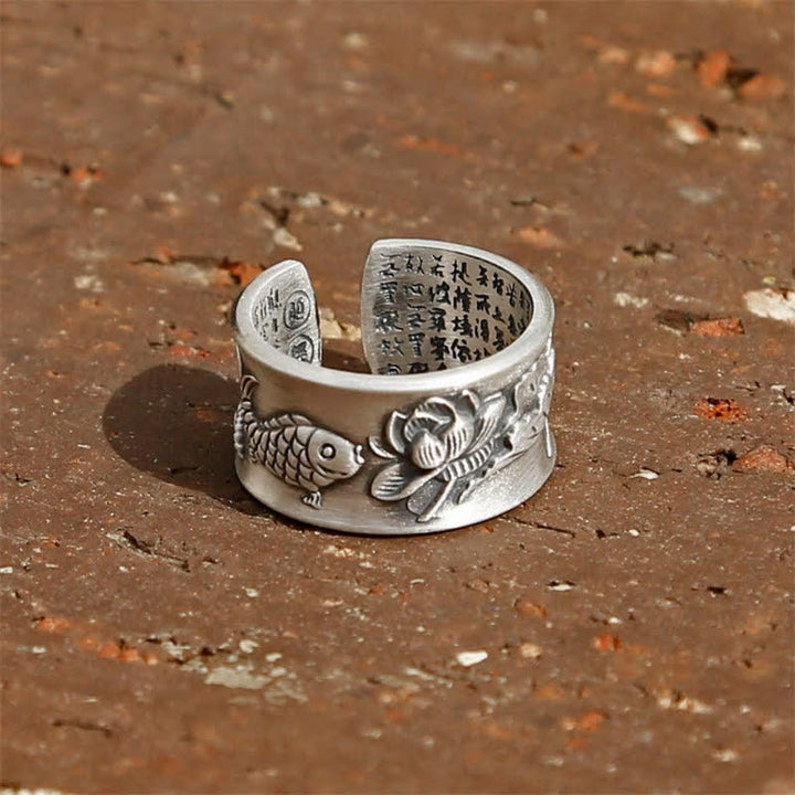 Anillo de plata de ley 999 con diseño de corazón de loto y pez koi de la suerte