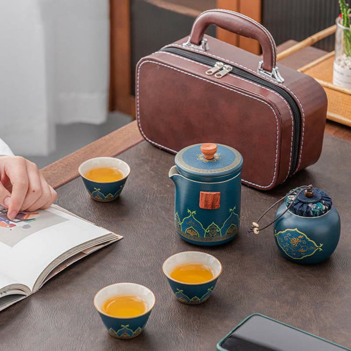 Tetera de cerámica de Gongfu chino con flores de Buddha Stones , bolsa portátil para juego de té de viaje al aire libre