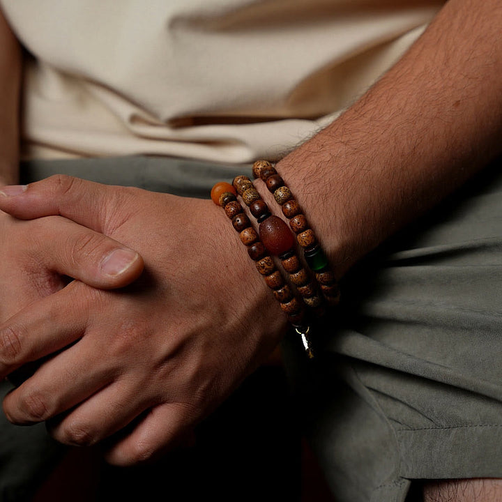 Buddha Stones tibetano Bodhi semilla ámbar Dzi cuentas ágata Zakiram diosa de la riqueza cuentas Triple envoltura pulsera
