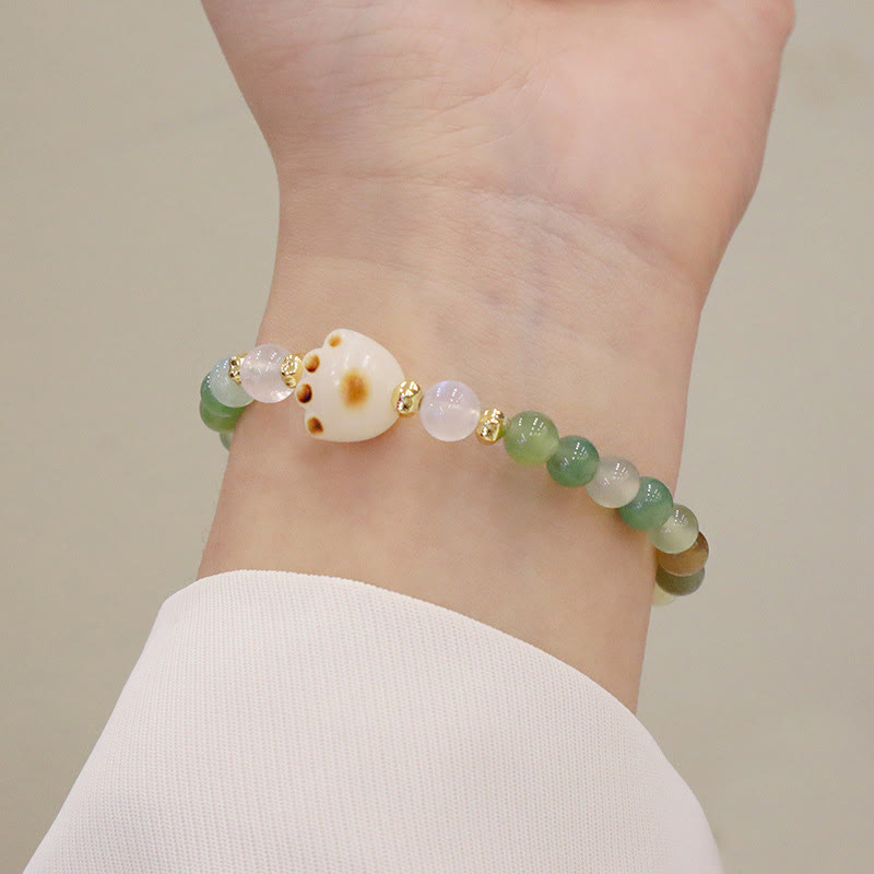 Buddha Stones Verde Piedra del Sol Ojo de Gato Semilla Bodhi Pulsera de Soporte de Pata de Gato - Ágata verde y ojo de gato - image 1