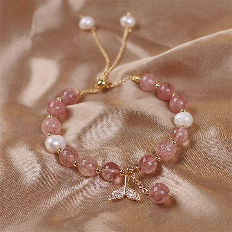 Pulsera curativa con dije de cola de pez de cuarzo rutilado de cuarzo fresa con Buddha Stones