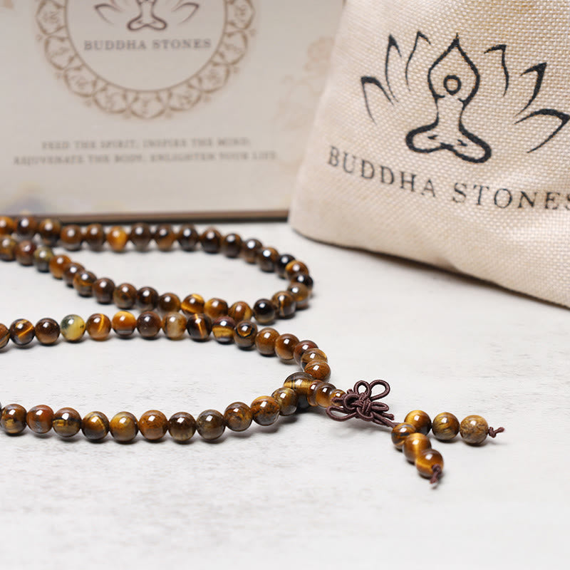 Buddha Stones tibetanas 108 cuentas de piedras preciosas de ojo de tigre naturales oración Mala pulsera collar