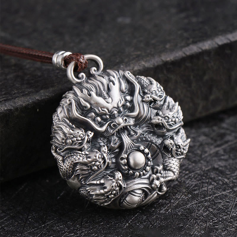 Collar con colgante de plata de ley 999 con Buddha Stones , nueve dragones jugando con una perla, protección de la suerte - Dragón (Protección♥Éxito) - image 0