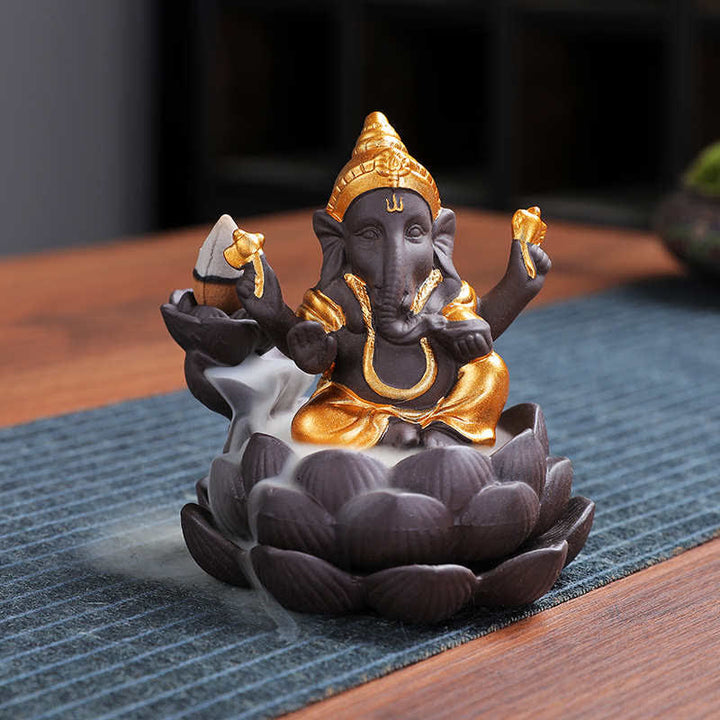Quemador de incienso de protección de fuente de humo de reflujo de arcilla púrpura elefante Ganesh