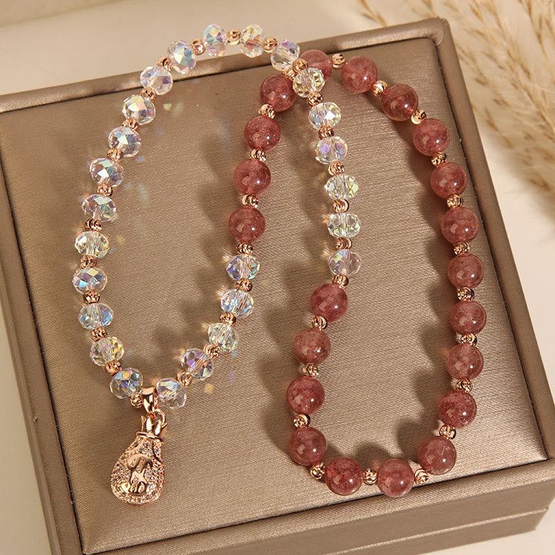Pulsera positiva con dije para bolsa de dinero con cristal blanco de cuarzo fresa y Buddha Stones