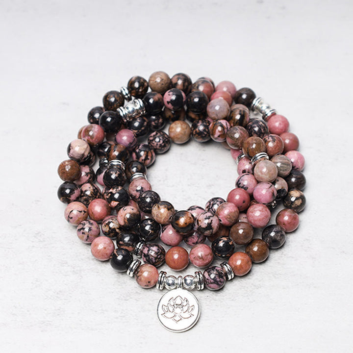 Pulsera de energía de compasión de loto de rodonita con 108 cuentas de Mala de Buddha Stones