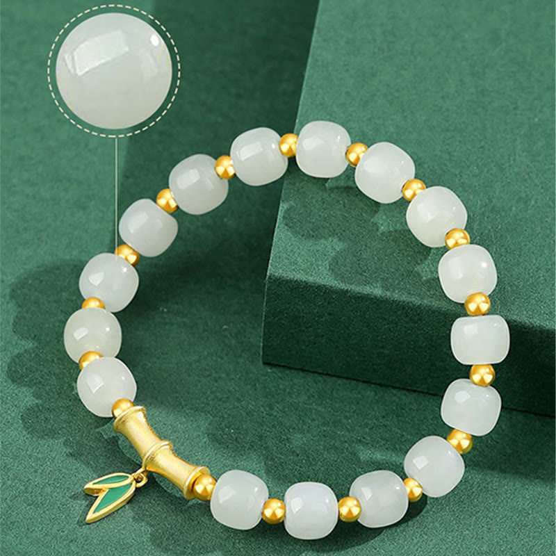 Pulsera de la suerte de bambú de jade blanco hetiano de plata de ley 925 con Buddha Stones - image 5