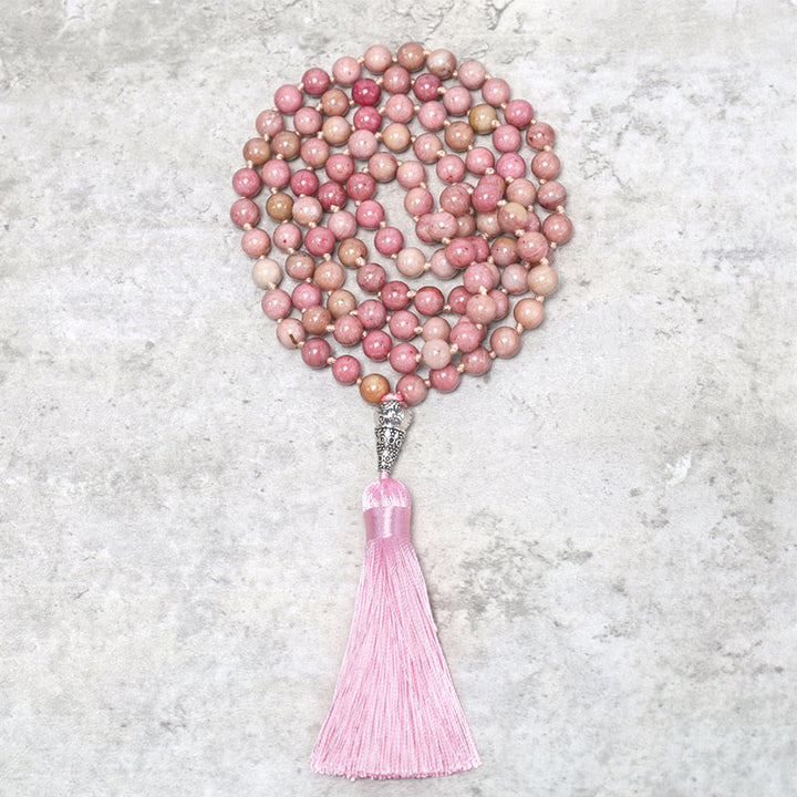 Buddha Stones 108 cuentas de rodonita Mala, pulsera de cuentas de oración para meditación y Yoga