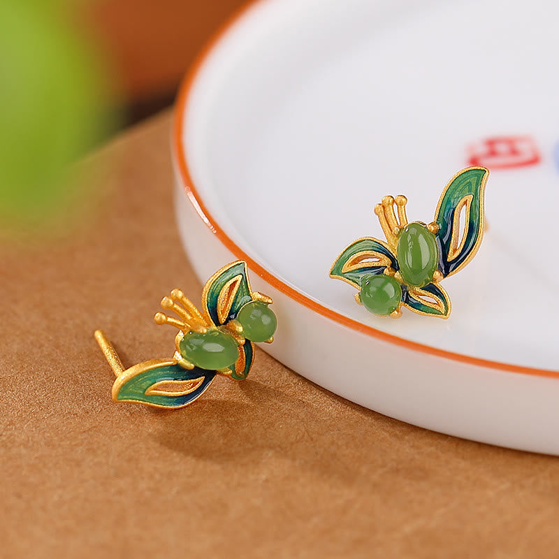 Pendientes curativos de la suerte de mariposa de jade cian natural chapado en plata de ley 925 con Buddha Stones