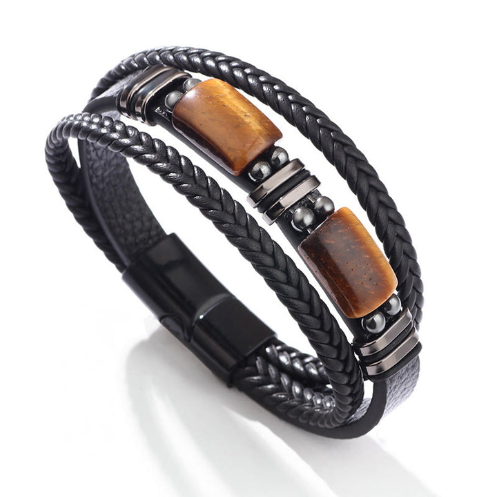 Pulsera de cuero multicapa con hebilla magnética y ojo de tigre con Buddha Stones
