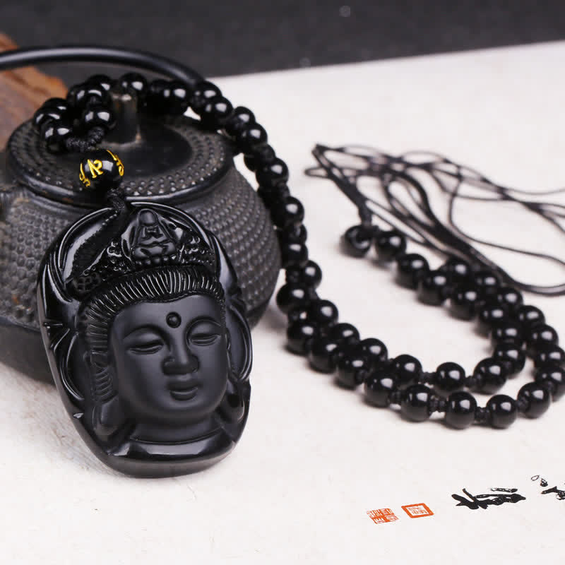 Buddha Stones Obsidiana Negra Natural Kwan Yin Avalokitesvara Collar de Cuerda de Fuerza Colgante - Obsidiana Negra (Purificación ♥Transformación) - image 1