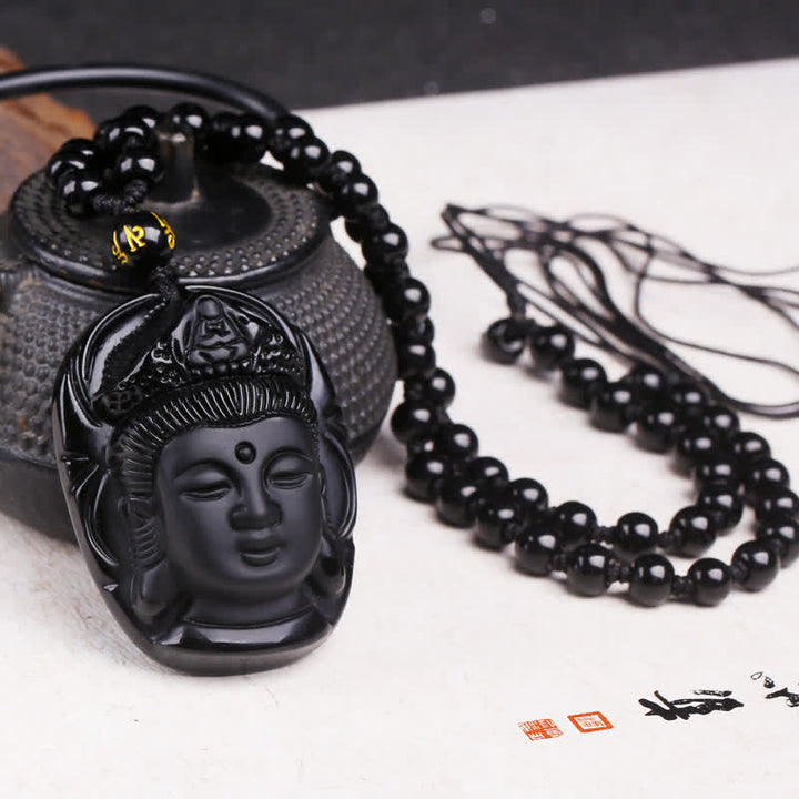 Buddha Stones Obsidiana Negra Natural Kwan Yin Avalokitesvara Collar de Cuerda de Fuerza Colgante - Obsidiana Negra (Purificación ♥Transformación) - image 1