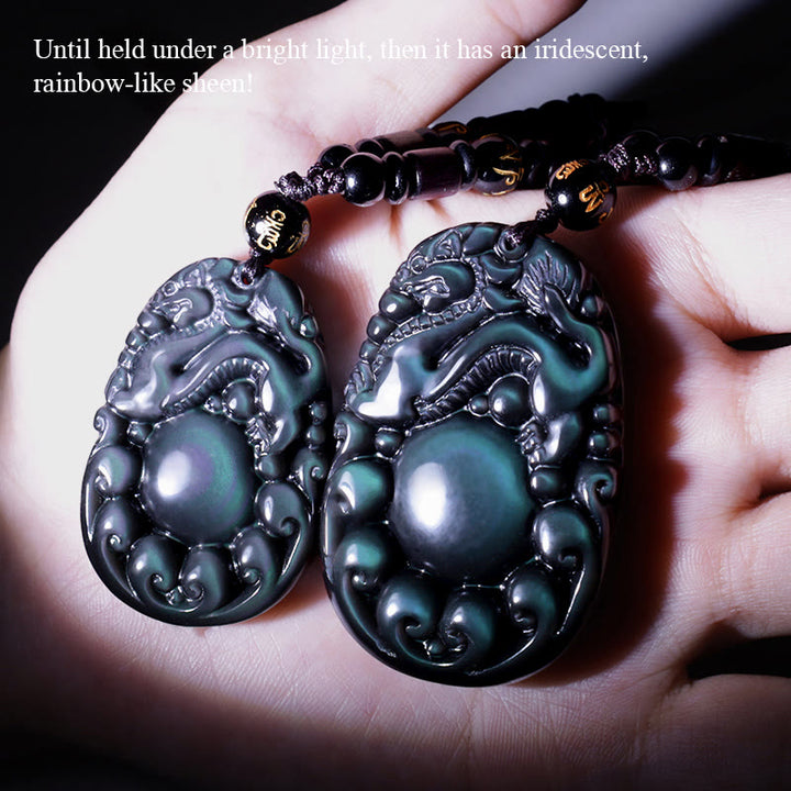 Collar PiXiu de obsidiana arcoíris positiva tibetana con Buddha Stones