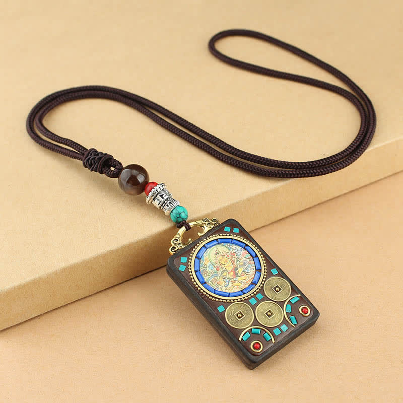 Colgante de collar de paz de ébano Thangka, dios de la riqueza del Tíbet, Buddha Stones