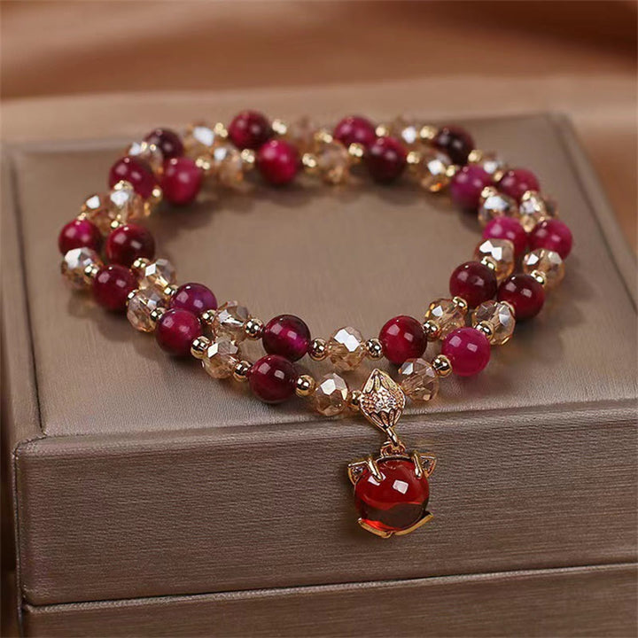 Pulsera de doble vuelta con protección de zorro y ojo de tigre rojo con Buddha Stones