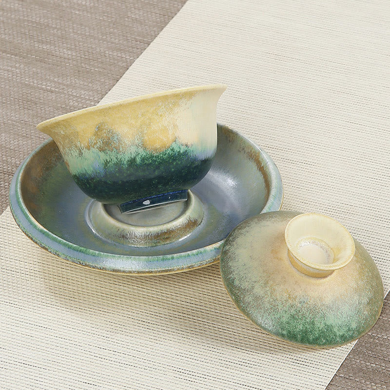 Taza de té y platillo de cerámica de porcelana con diseño de olas del océano, Buddha Stones , Gaiwan Sancai, Kung Fu, con tapa