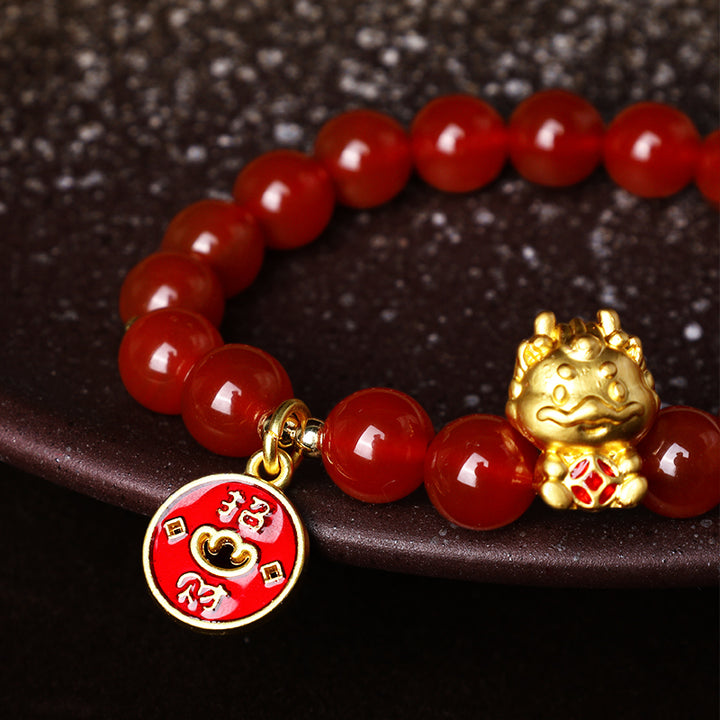 Buddha Stones Año del Dragón Ágata Roja Natural Moneda de Cobre Atraer Pulsera de la Fortuna