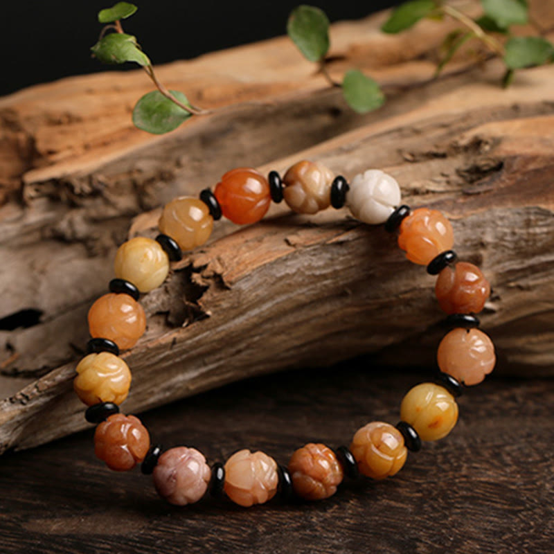 Pulsera de suerte y riqueza de loto de jade de seda dorada