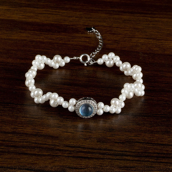 Anillo de pulsera de cadena curativa de calcedonia azul perla de plata de ley 925 con Buddha Stones