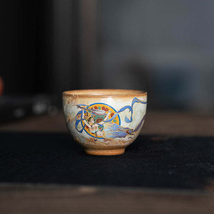 Taza de té de cerámica Gaiwan Sancai de Dunhuang Flying Apsaras con Buddha Stones, taza de té de Kung Fu con tapa