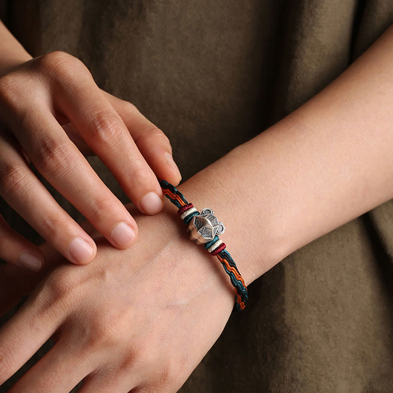 Pulsera de cuerda con nudo de reencarnación colorida, protección del zodíaco chino, Año del Dragón, plata de ley 999 hecha a mano con Buddha Stones