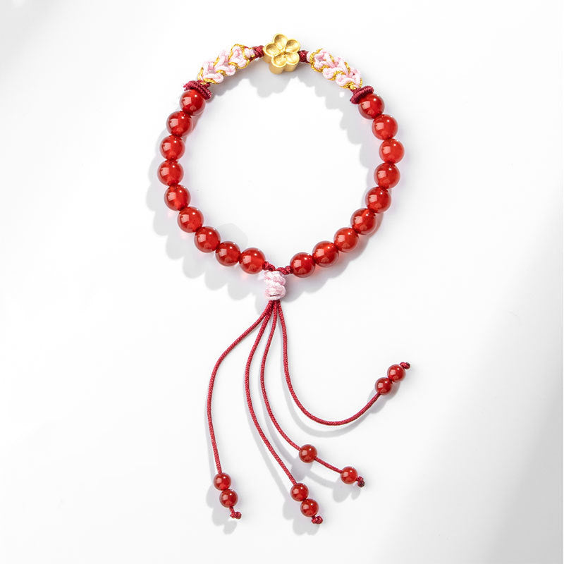 Pulsera de plata de ley 999 con Buddha Stones , ágata roja natural, cristal rosa, flor de cerezo