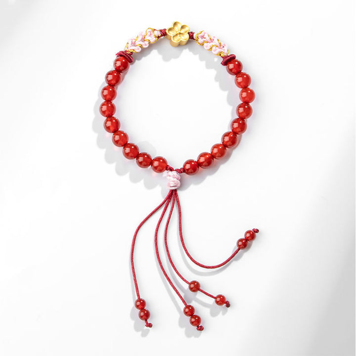Pulsera de plata de ley 999 con Buddha Stones , ágata roja natural, cristal rosa, flor de cerezo