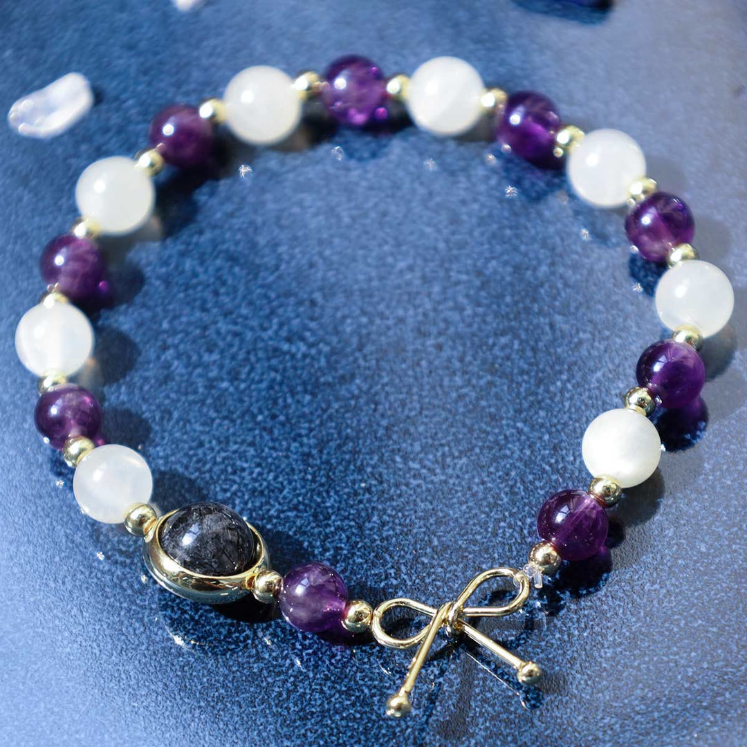 Pulsera de cuentas espirituales de cuarzo rutilado negro con ojo de gato y amatista - image 5