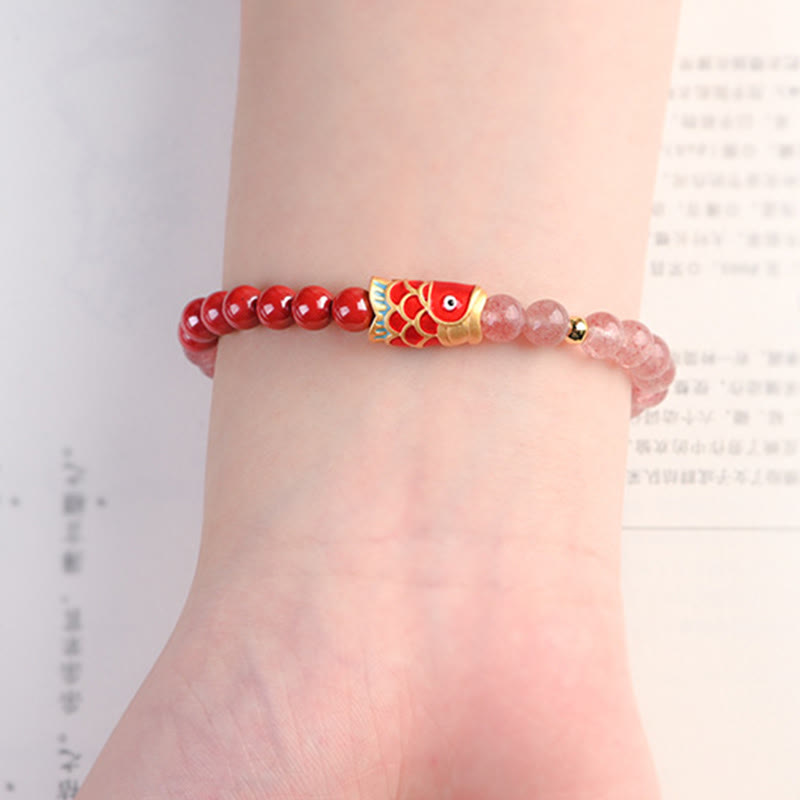 Pulsera curativa de peces Koi de la suerte, cinabrio, cuarzo fresa Natural, Buddha Stones
