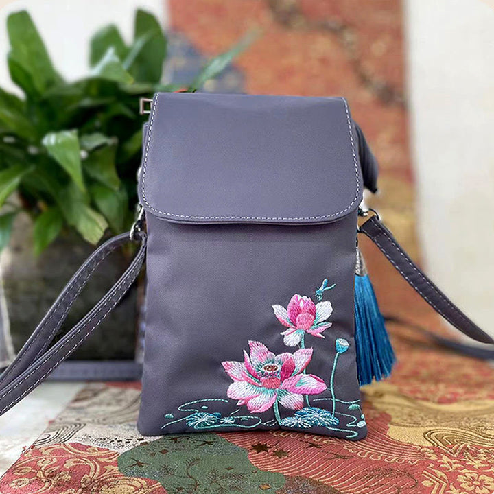 Buddha Stones, resistente al agua, hecho a mano, bordado, flores de loto, bolso de hombro, bolso para teléfono móvil