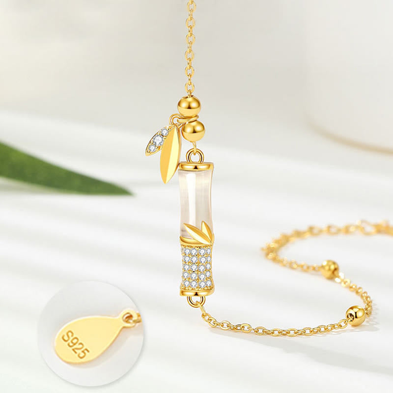 Pulsera de la suerte con hojas de circón de bambú y jade blanco chapada en oro de 18 quilates de plata de ley 925 con Buddha Stones - image 4