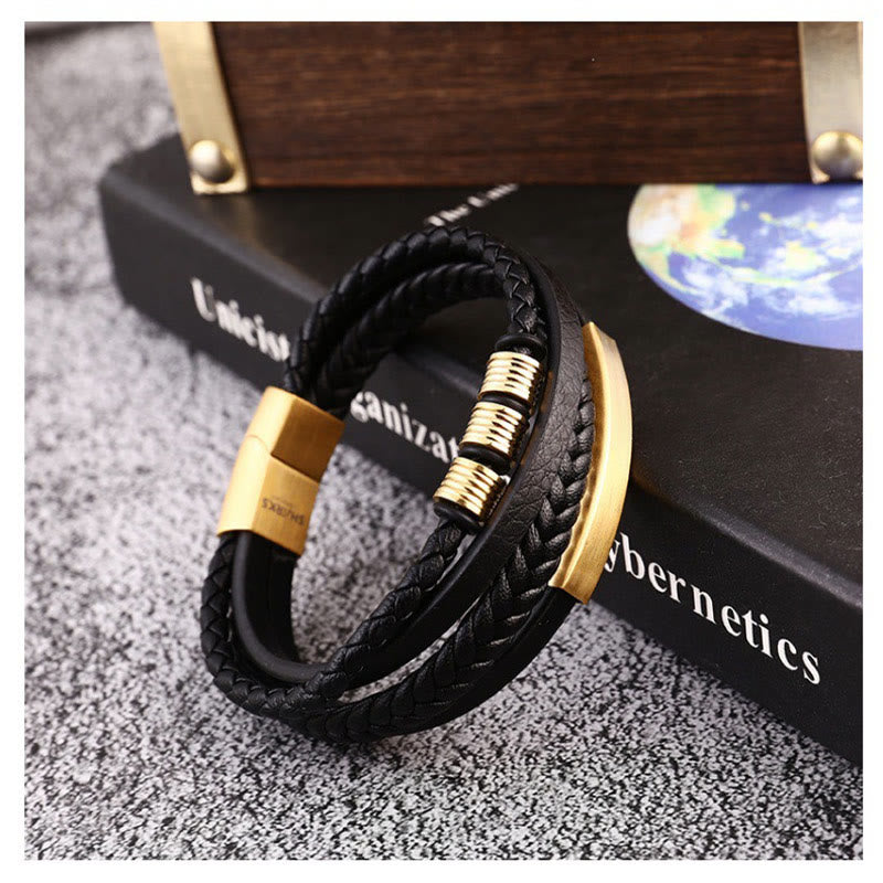 Pulsera con hebilla magnética trenzada con equilibrio de acero y titanio multicapa de cuero con Buddha Stones