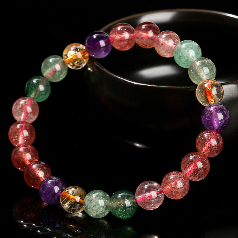 Pulsera con cuentas curativas de amor de cuarzo fresa multicolor natural con Buddha Stones
