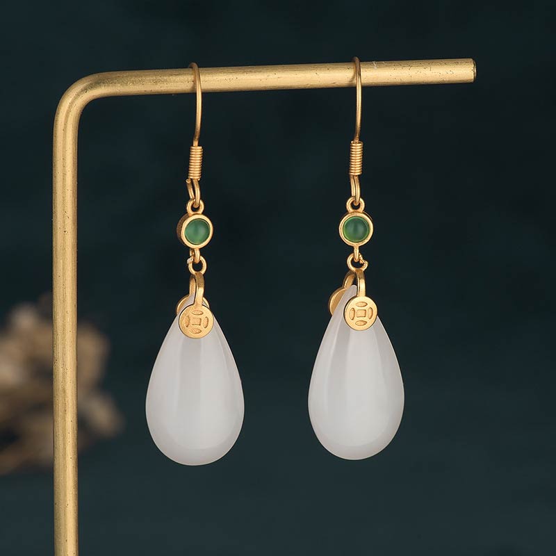 Pendientes colgantes de la suerte de jade blanco FengShui con Buddha Stones