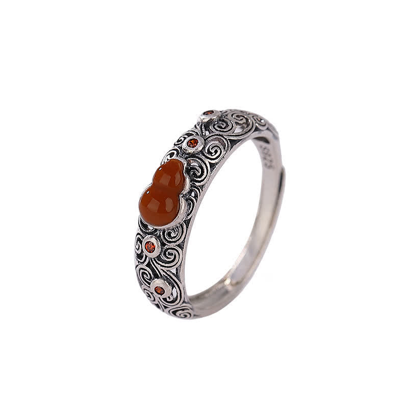 Anillo auspicioso de bendición de calabaza de jade cian de ágata roja de plata de ley 925