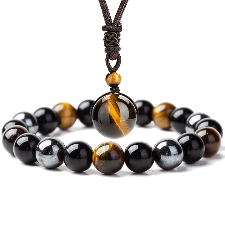 Juego de collar y pulsera con ojo de tigre tibetano con Buddha Stones